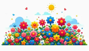 Colorful Cartoon Flower Garden Under Sunny Sky