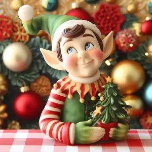 Christmas Elf Figurine Holding Tiny Decorated Tree