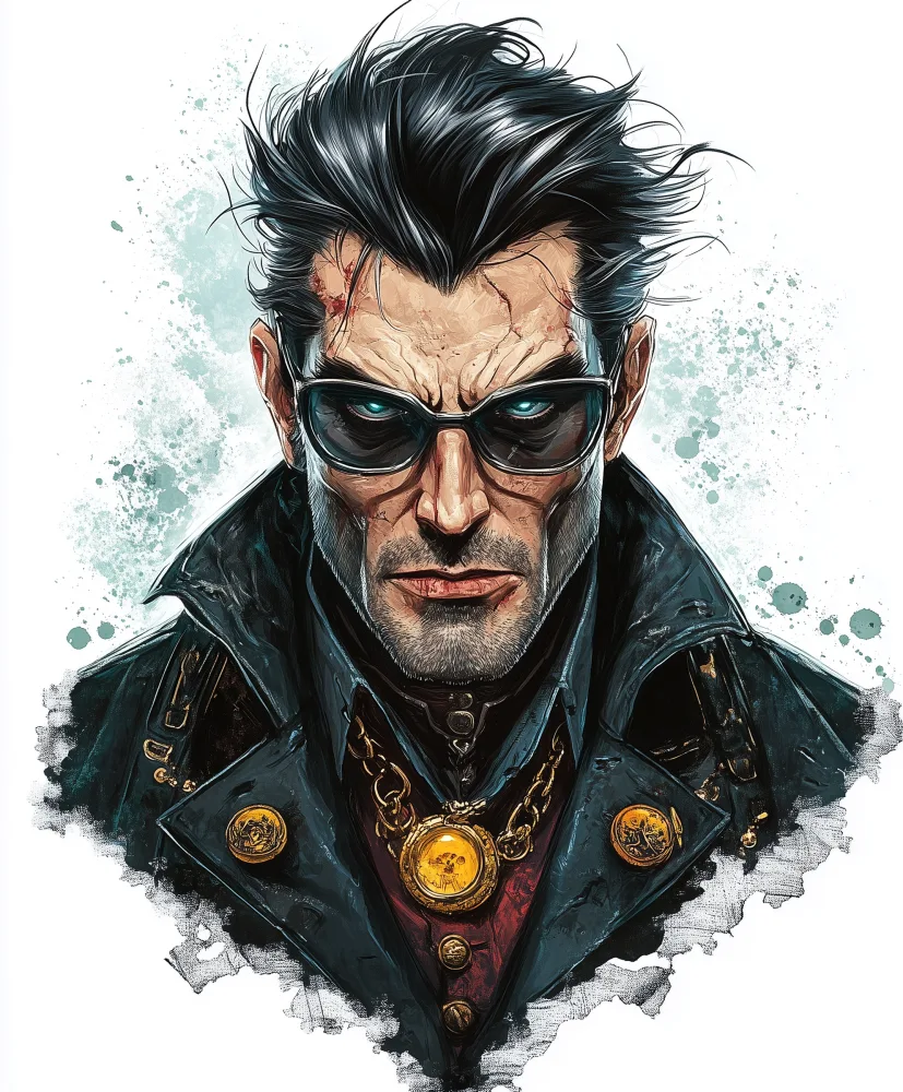 Intense Portrait of a Dark, Mysterious Man with Sunglasses and Chain