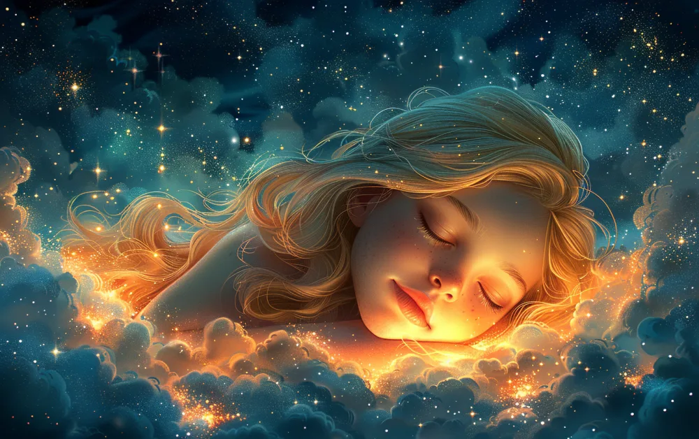 Dreamy Portrait of Woman Sleeping Amidst Glowing Clouds and Stars