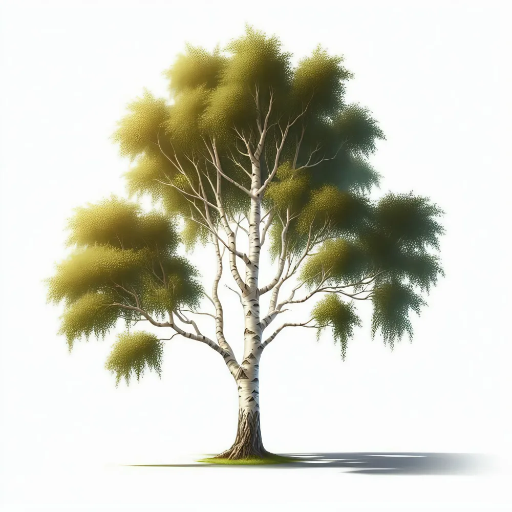 Single Birch Tree with Green Leaves Casting Shadow
