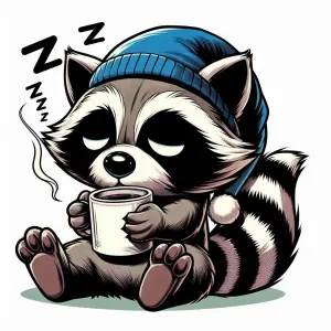 Tired Racoon Wearing Blue Beanie Drinking Coffee Illustration
