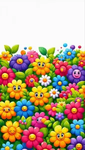 Colorful Smiling Cartoon Flowers with Green Leaves