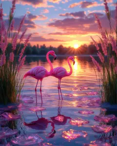 Pink Flamingos at Sunset on a Serene Lake