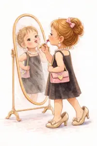 Little Girl Playing Dress Up and Applying Lipstick in Front of Mirror