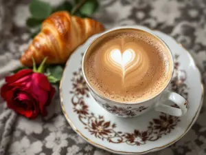 Latte Coffee with Heart Latte Art, Croissant, and Red Rose