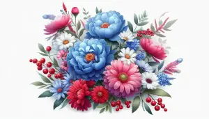 Colorful Floral Bouquet with Blue, Pink, Red, and White Flowers