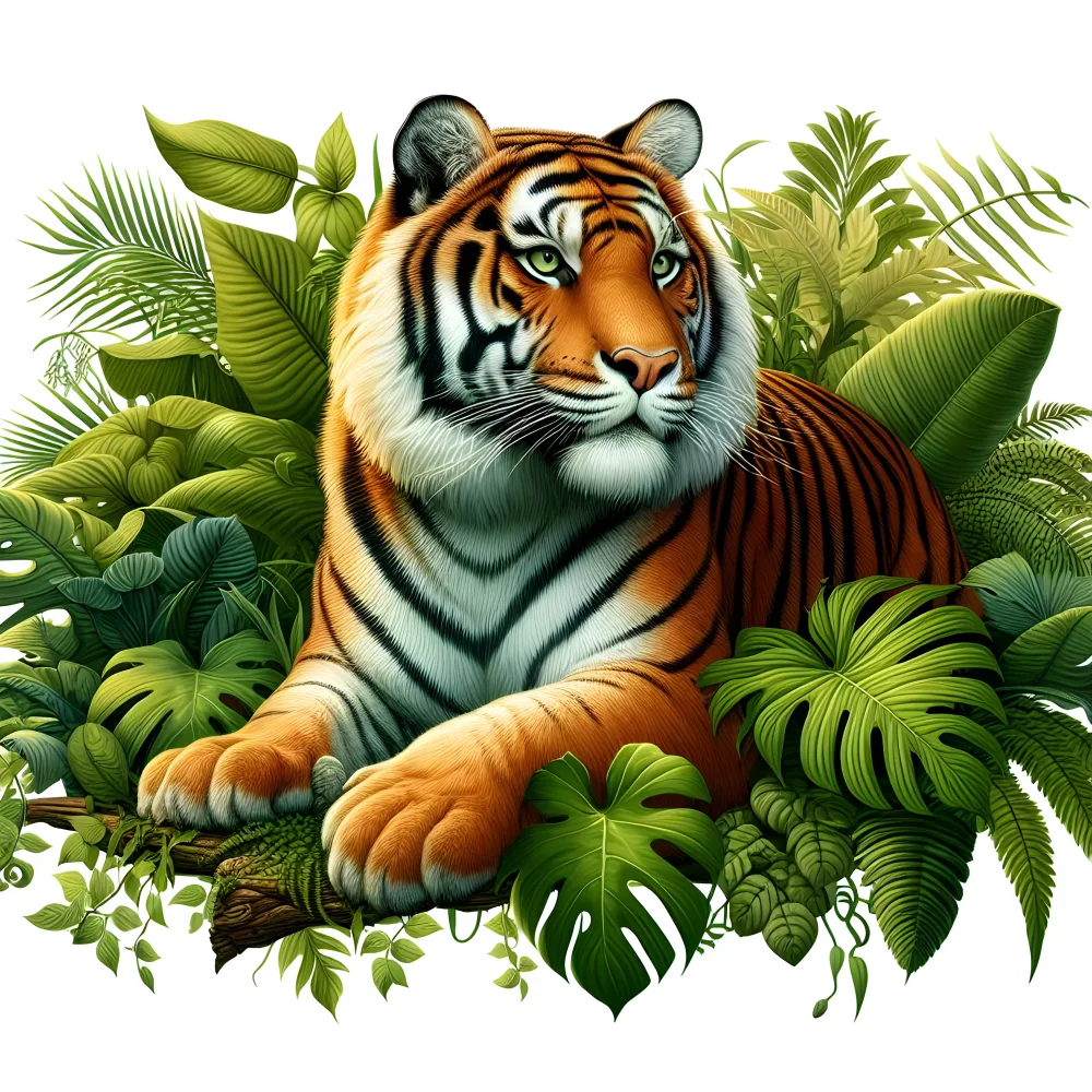 Tiger Resting Among Tropical Greenery