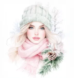 Winter Portrait of a Blonde Woman with Pink Scarf and Green Beanie