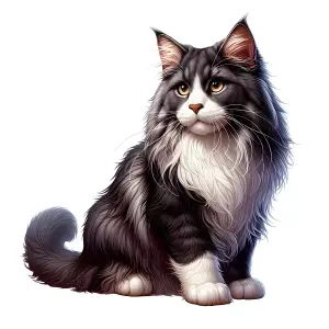 Fluffy Long-Haired Gray and White Cat Sitting