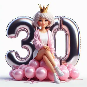 30th Birthday Celebration with Cartoon Woman and Balloons