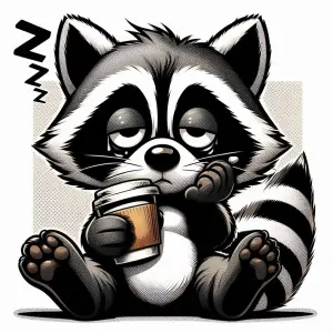 Sleepy Cartoon Raccoon Holding Coffee