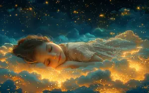 Sleeping Child Surrounded by Glowing Stars and Clouds