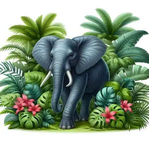 Elephant Walking Through Dense Tropical Jungle with Colorful Flowers