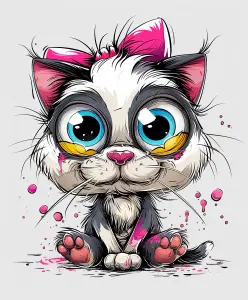 Cute Cartoon Kitten with Big Blue Eyes and Paint Splashes