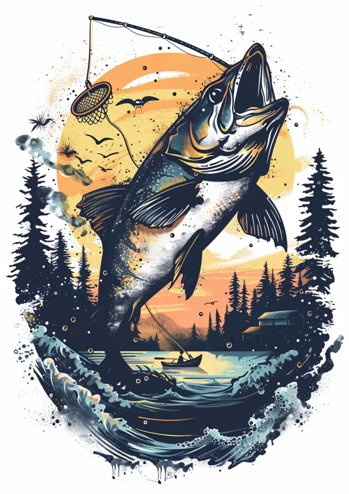 Large Fish Leaping from Lake at Sunset Fishing Scene