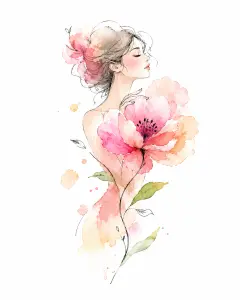 Watercolor Illustration of Woman and Flower