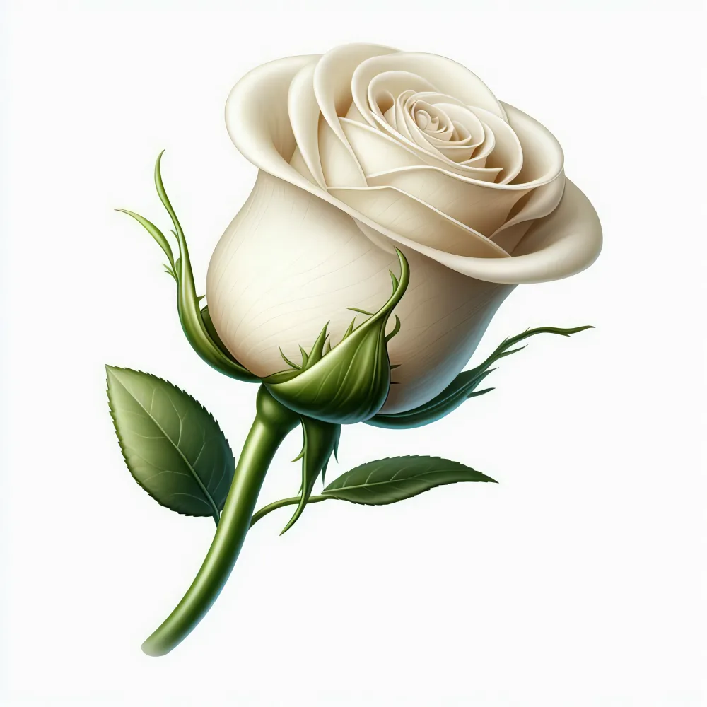 Close-up of a Single White Rose with Green Stem and Leaves