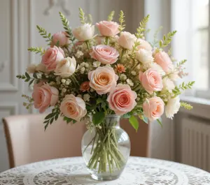 Elegant Bouquet of Pink and White Roses in Glass Vase