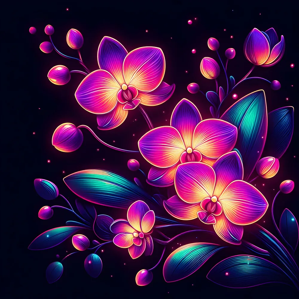 Glowing Neon Orchid Flowers on Dark Background