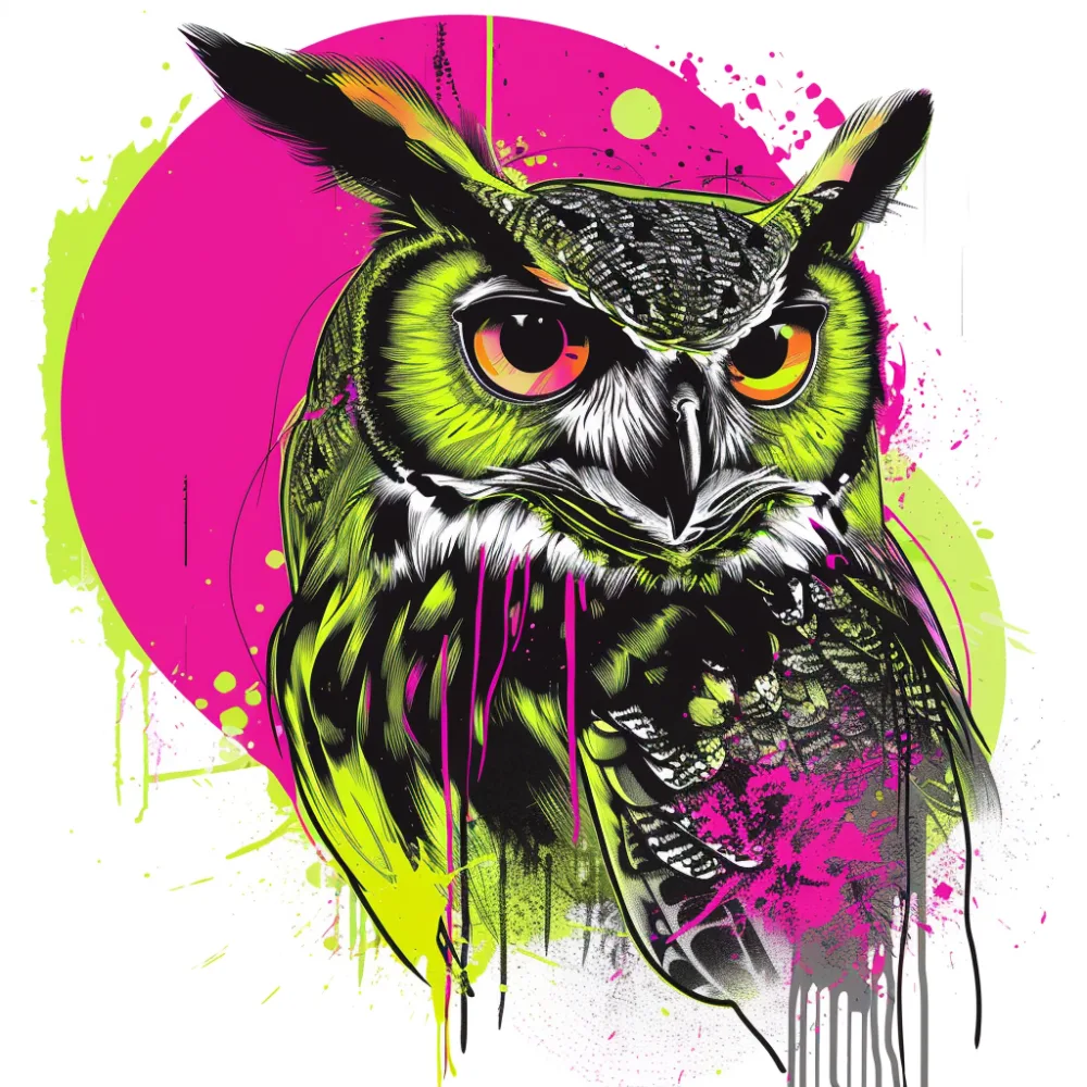 Vibrant Neon Owl Graphic Art with Splatter Paint Effect