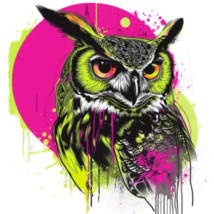 Vibrant Neon Owl Graphic Art with Splatter Paint Effect