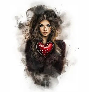 Portrait of woman with heart balloon and love-themed face art