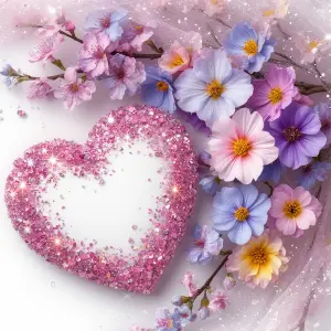 Pink Glitter Heart with Colorful Spring Flowers