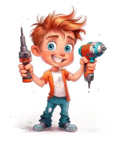 Cartoon Boy Holding Power Tools with Enthusiastic Smile