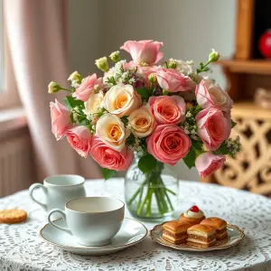 Elegant Tea Setting with Pink and Cream Roses