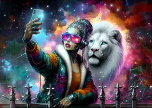 Futuristic Cyborg Woman Taking Selfie with White Digital Lion in Cosmic Space
