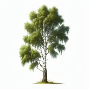 Detailed Illustration of a Birch Tree with Green Leaves