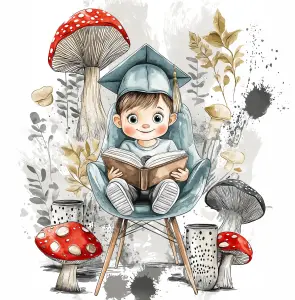 Child in Graduation Cap Reading Among Colorful Mushrooms Illustration