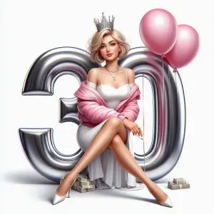 Stylish Woman Celebrating 30th Birthday with Crown and Balloons