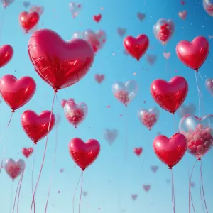 Floating Heart-Shaped Balloons Against Clear Blue Sky