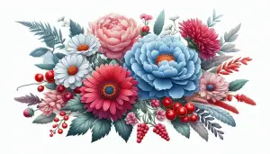Colorful Floral Bouquet with Red Berries and Varied Leaves