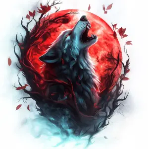 Blue Wolf Howling at a Blood Moon with Red Leaves and Twisted Branches