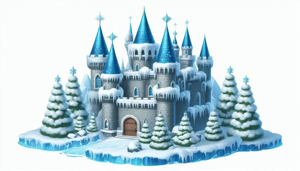 Fantasy Icy Castle with Snow-Covered Pine Trees