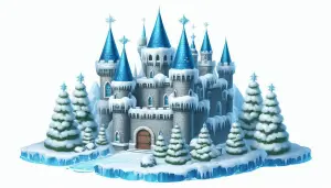 Fantasy Icy Castle with Snow-Covered Pine Trees