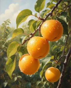 Close-Up of Fresh Yellow Apricots with Water Droplets on Tree
