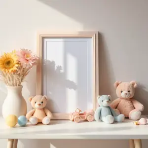 Minimalist Nursery Decor with Teddy Bears and Wooden Toys
