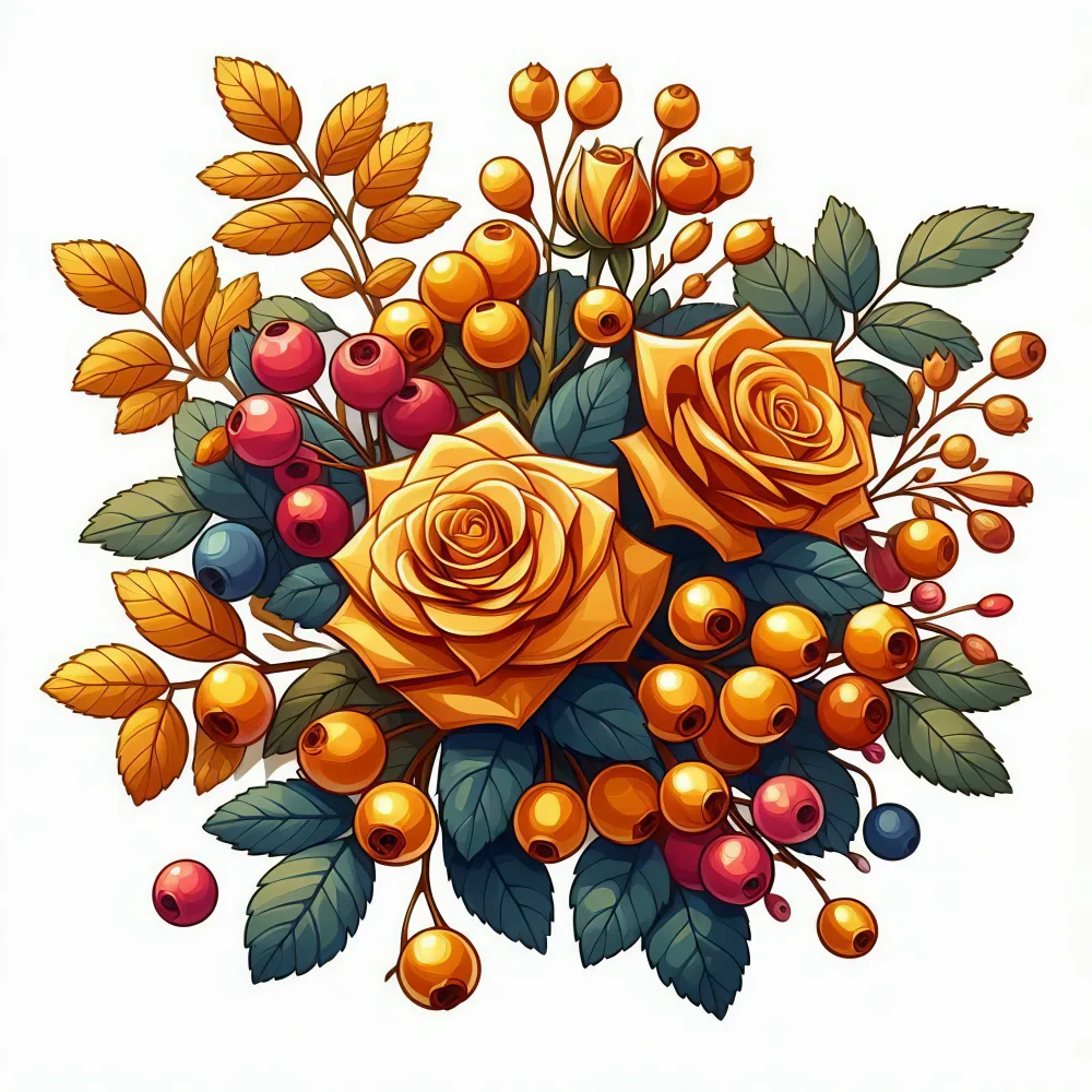 Orange Roses and Colorful Berry Bouquet Illustration
