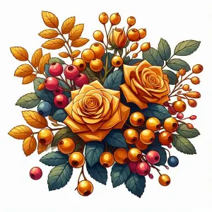Orange Roses and Colorful Berry Bouquet Illustration