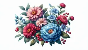 Colorful Bouquet of Pink, Blue, and Red Flowers with Green Leaves