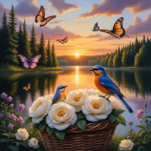 Sunset over Lake with Birds, Butterflies, and White Roses in Basket