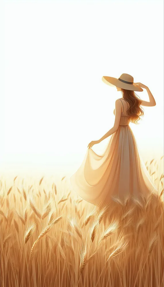 Woman in Flowing Dress and Hat in Golden Wheat Field at Sunset