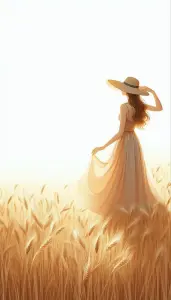 Woman in Flowing Dress and Hat in Golden Wheat Field at Sunset