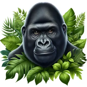 Close-up Portrait of a Gorilla Surrounded by Tropical Leaves