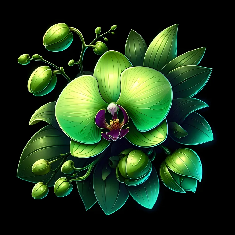 Green Orchid Flower with Leaves and Buds on Black Background