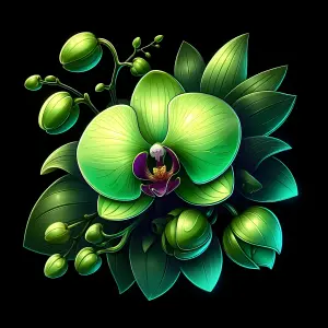 Green Orchid Flower with Leaves and Buds on Black Background